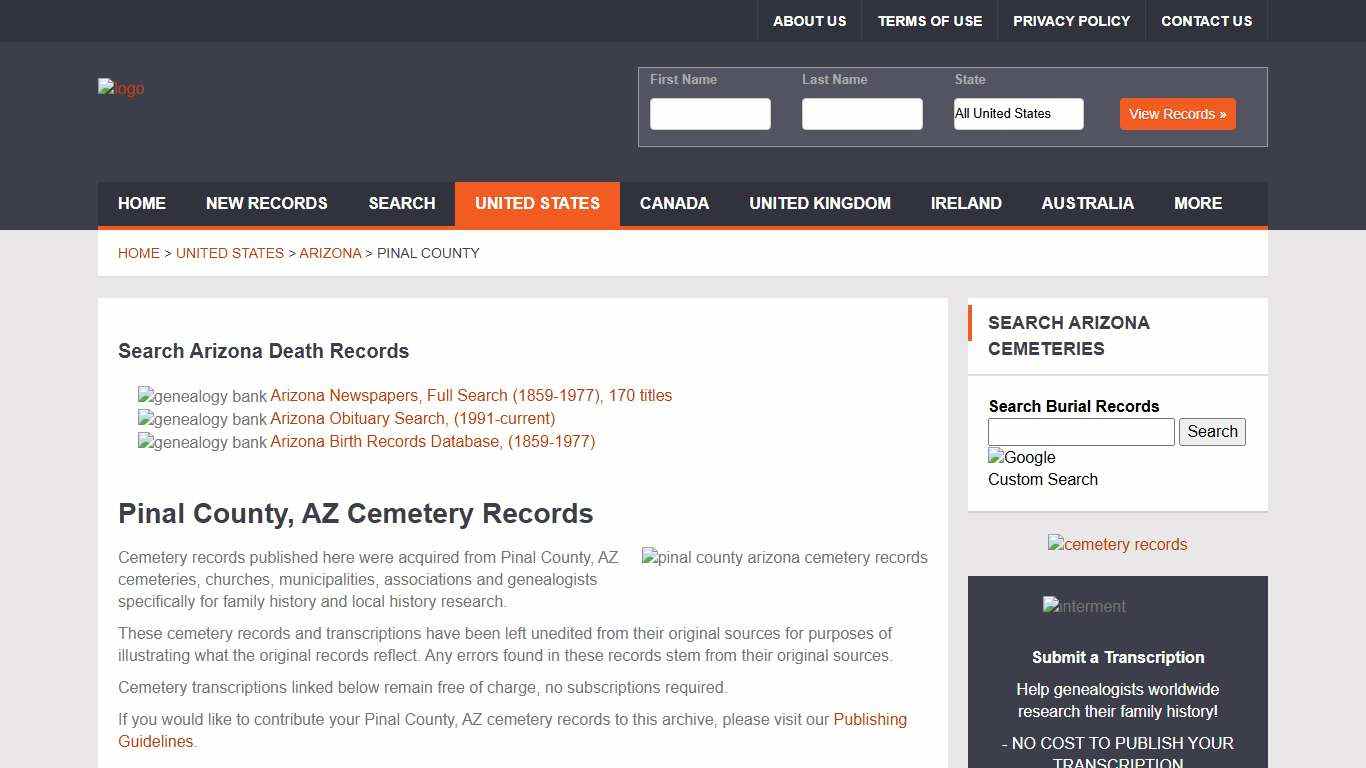 Pinal County Cemetery Records, Arizona Genealogy